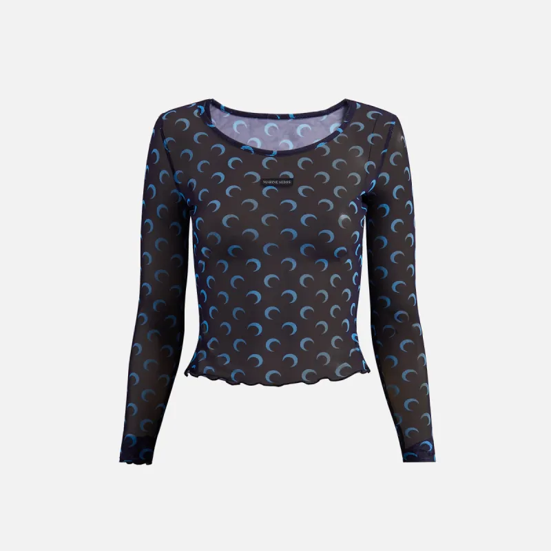 Marine Serre Moon Printed Mesh Second Skin Cropped Top - Navy sold by Kith