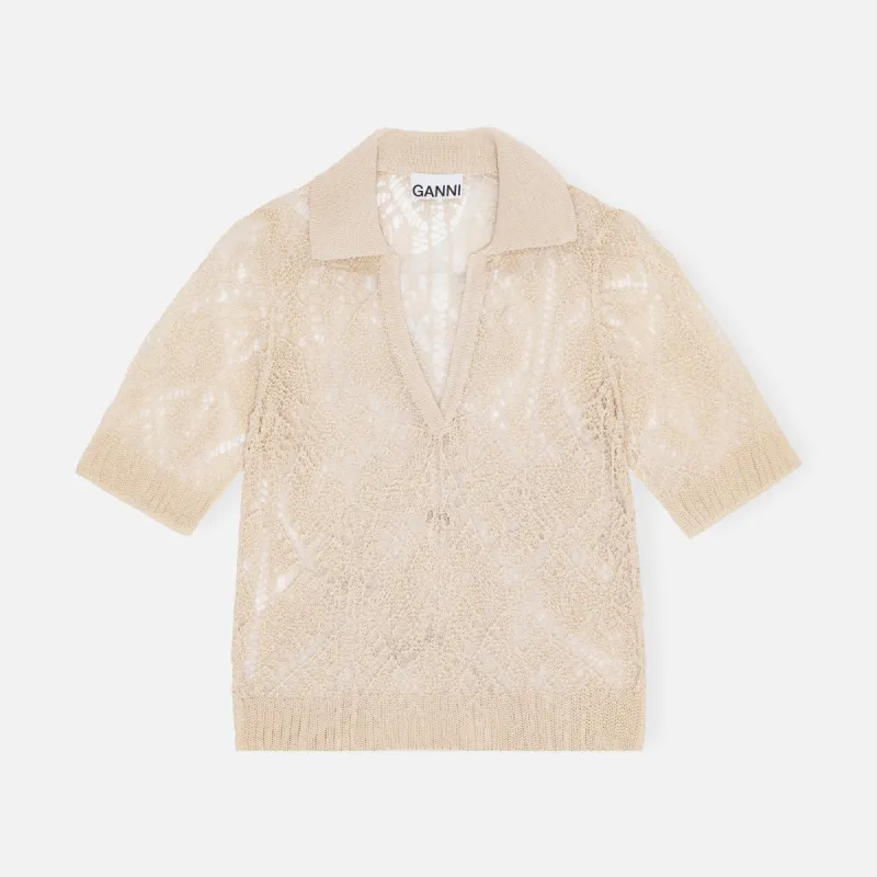 Ganni Thin Cotton Lace Polo - Egret sold by Kith