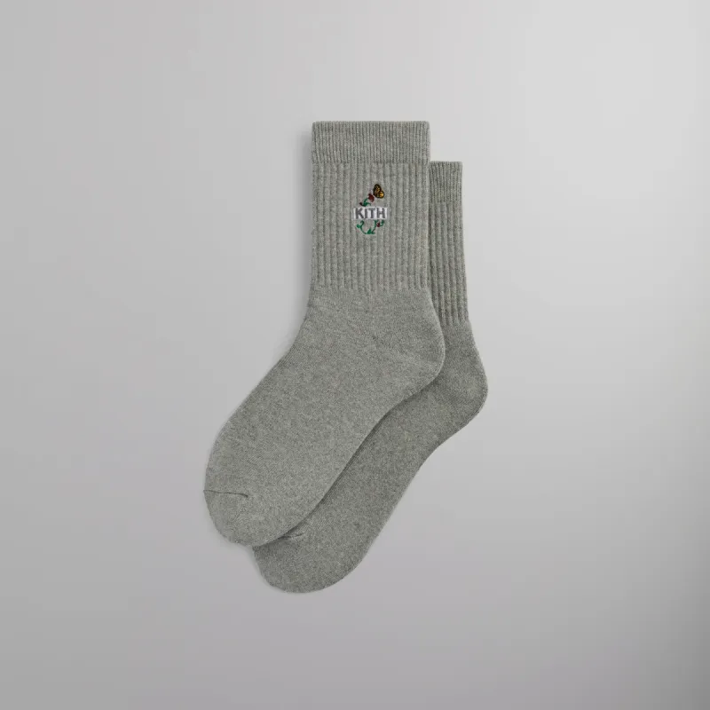 Kith Butterfly Box Logo Mid Crew Socks - Heather Grey sold by Kith