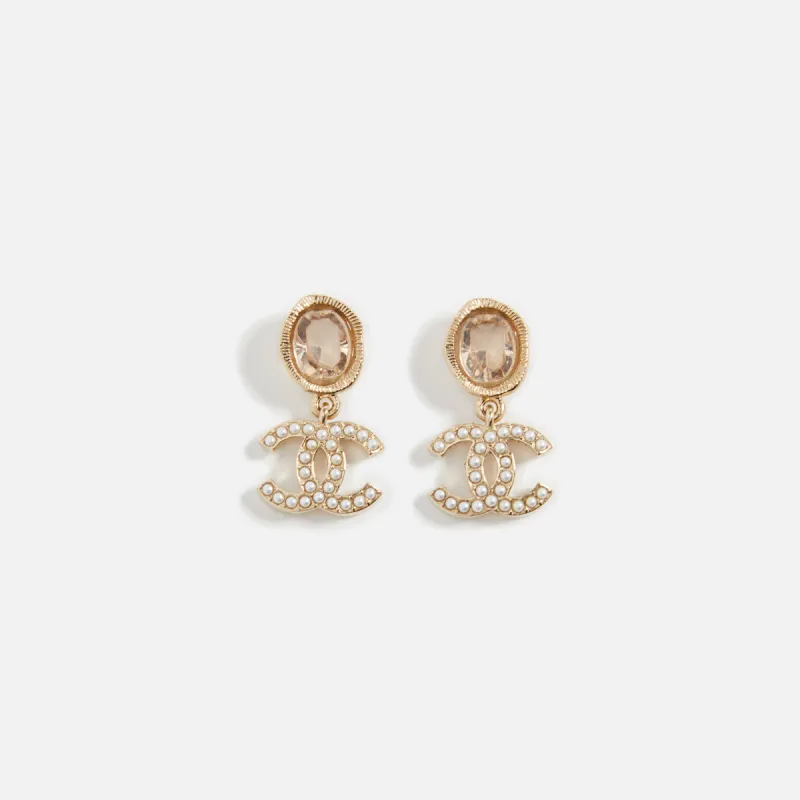 WGACA Chanel Crystal Pearl CC Dangle Earrings - Gold made by What Goes Around Comes Around