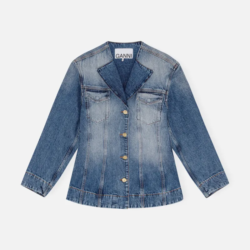 Ganni Sparkle Logo Denim Blazer - Tint Wash sold by Kith