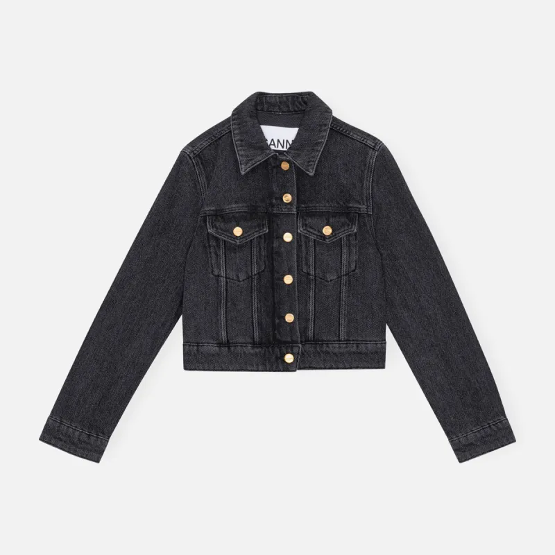 GANNI Black Washed Denim Cropped Trucker Jacket - Sharkskin