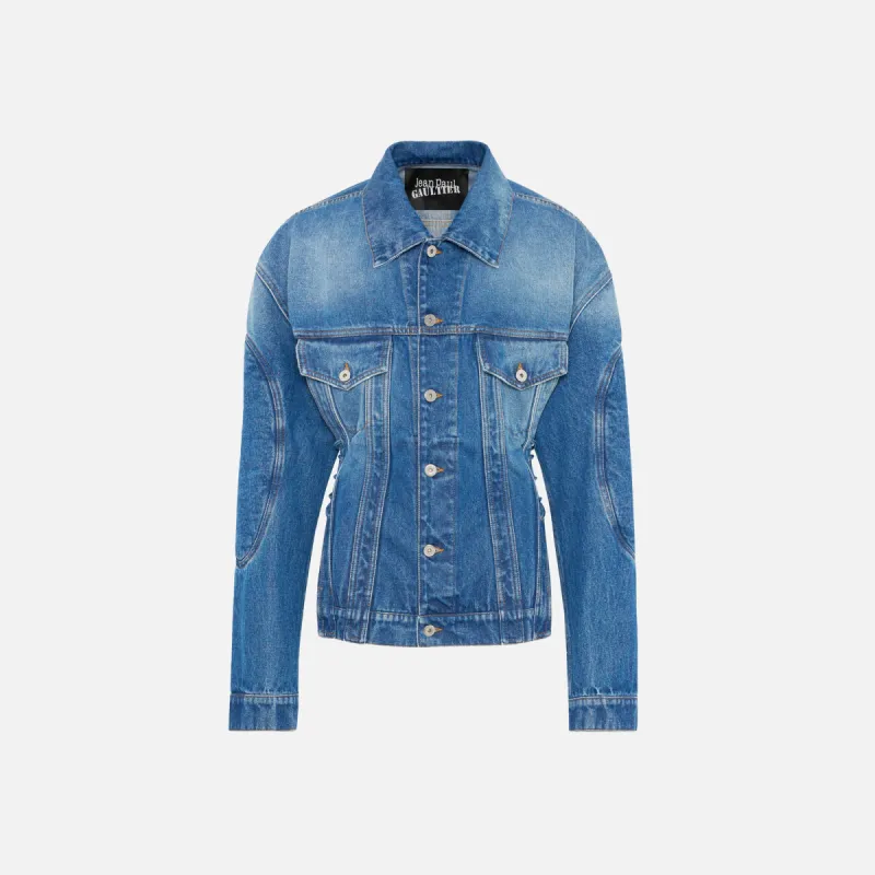 Jean Paul Gaultier Denim Jacket With Lacing And Elbow Bonding - Vintage Blue sold by Kith