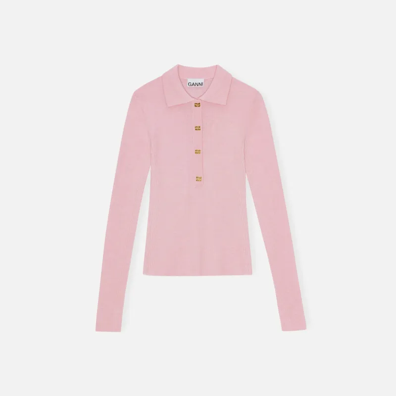 Ganni Mini Ribbed Merino Polo - Chalk Pink sold by Kith