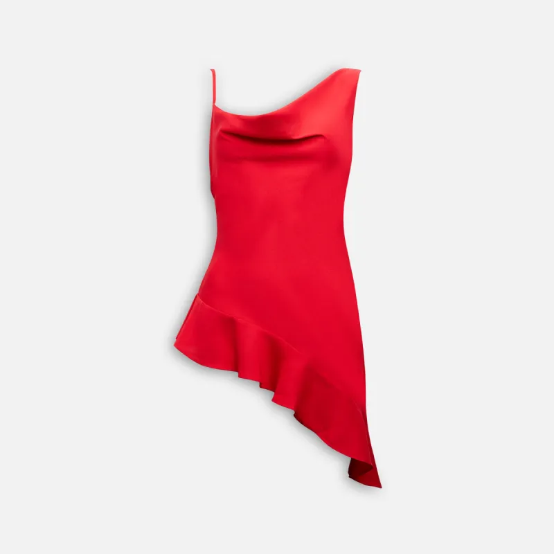 Azeeza Daphne Ruffled Asymmetric Satin Top - Garnet sold by Kith