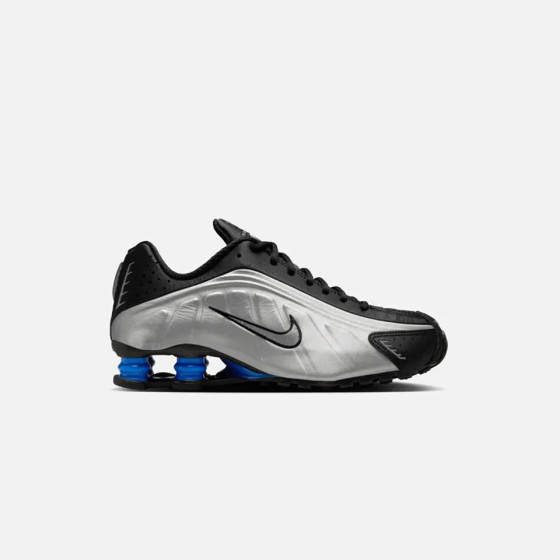 Nike WMNS Shox R4 - Metallic Silver / Black / Racer Blue sold by Kith
