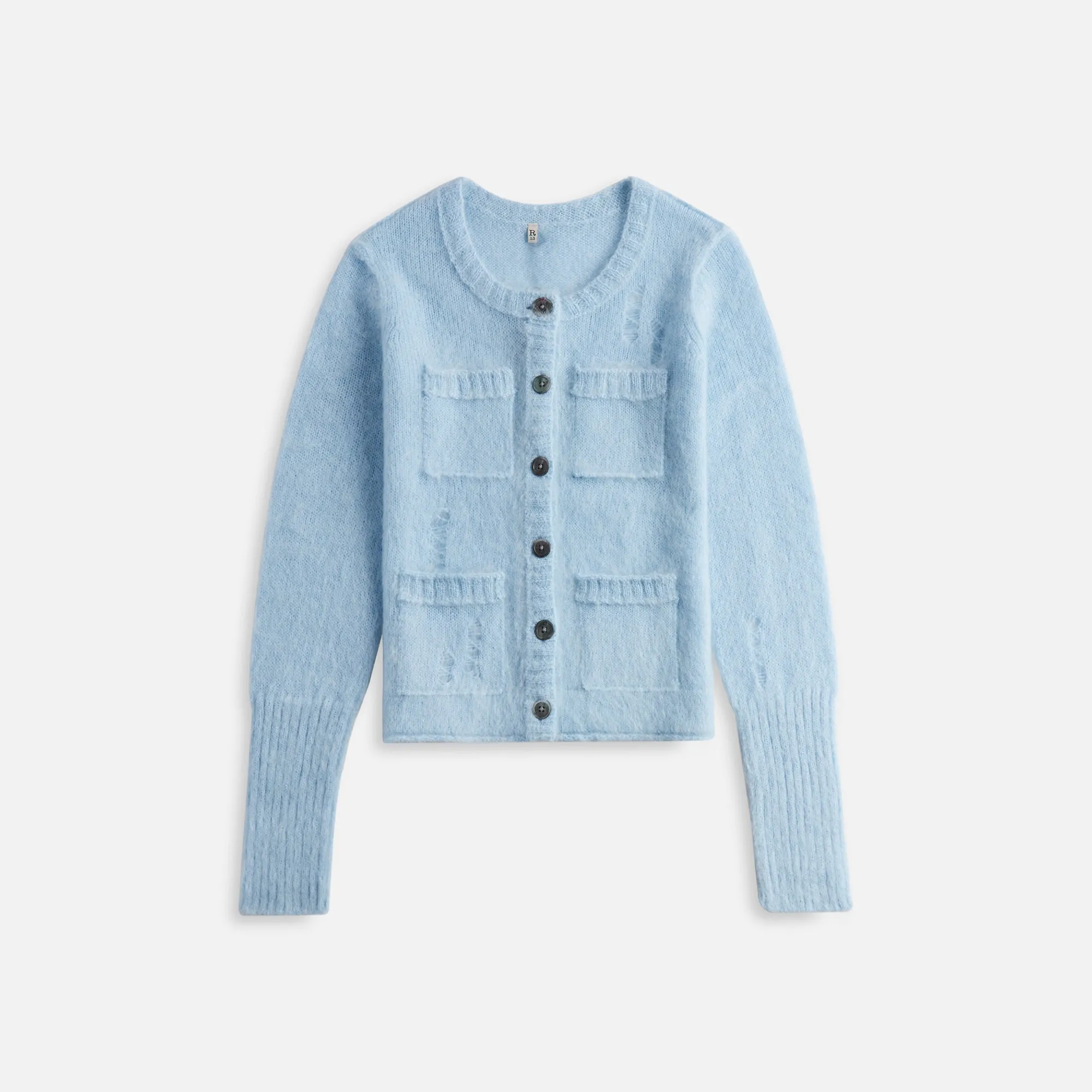 R13 Elongated Shrunken Crewneck Cardigan - Light Blue sold by Kith