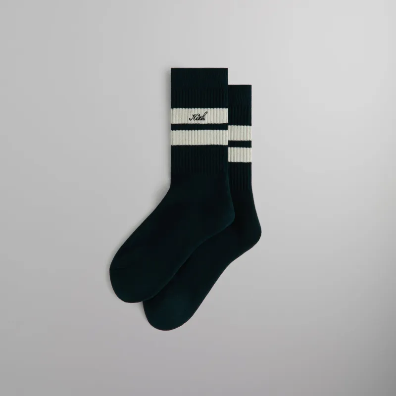Kith Double Stripe Script Embroidered Cotton Crew Socks - Stadium sold by Kith