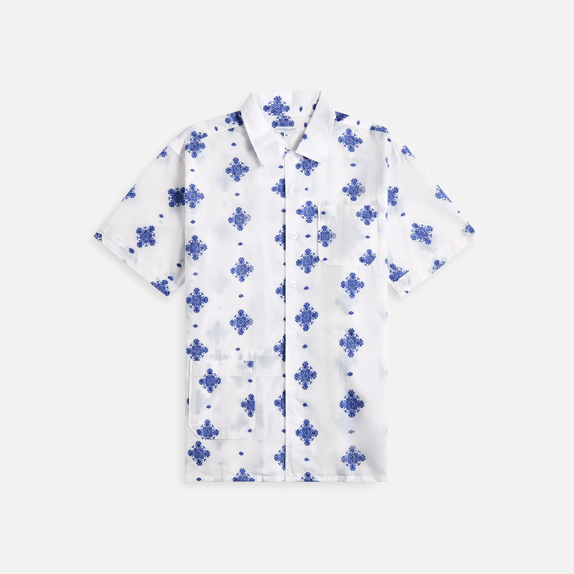 Engineered Garments Camp Shirt - White CP Crest Embroidery Sheeting sold by Kith