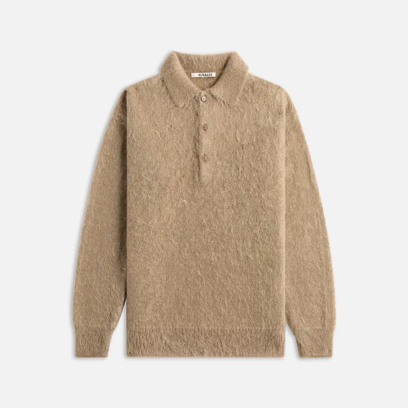 Auralee Brushed Super Kid Mohair Knit Polo - Gray Beige sold by Kith