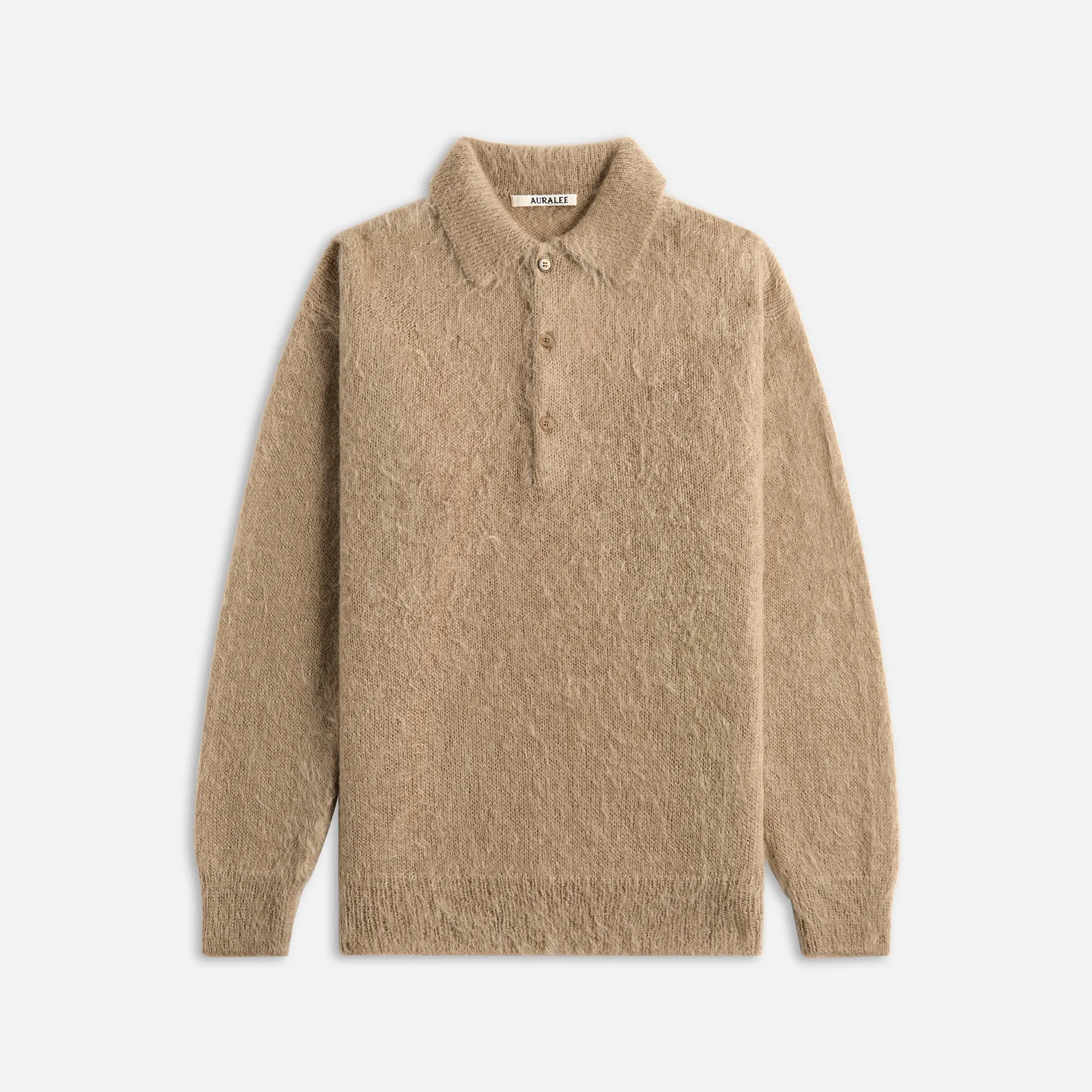 Auralee Brushed Super Kid Mohair Knit Polo - Gray Beige sold by Kith