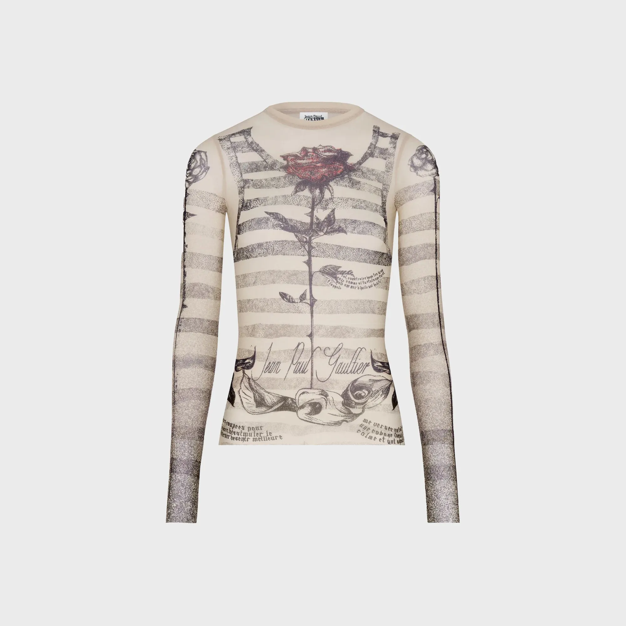 Jean Paul Gaultier Mesh Long Sleeves Top Printed Tattoo Marinière - Ecru sold by Kith