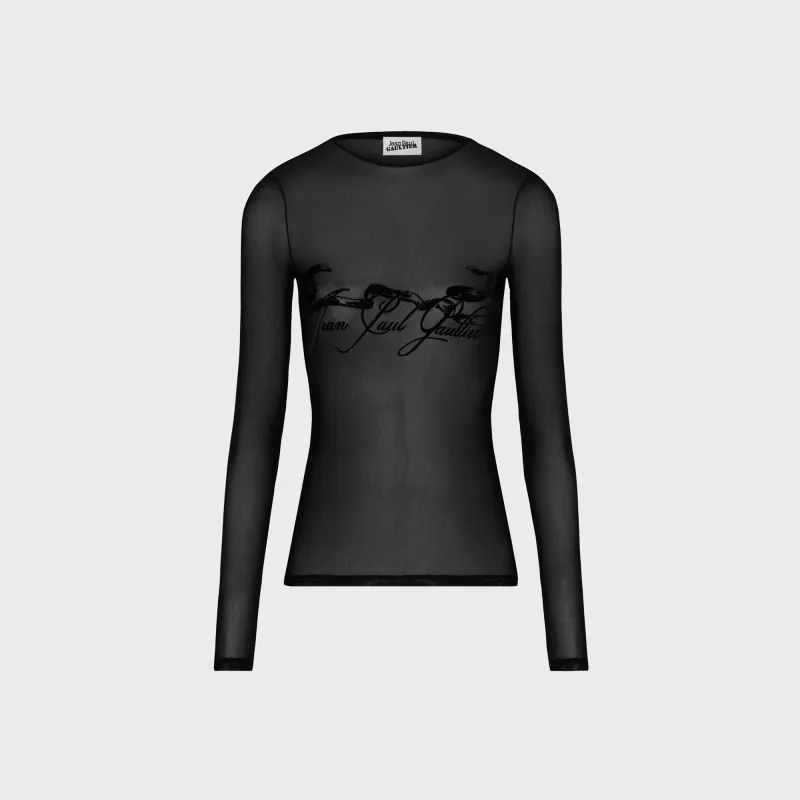 Jean Paul Gaultier Mesh Long Sleeves Top With Velvet Tattoo Ruban Flocked - Black sold by Kith