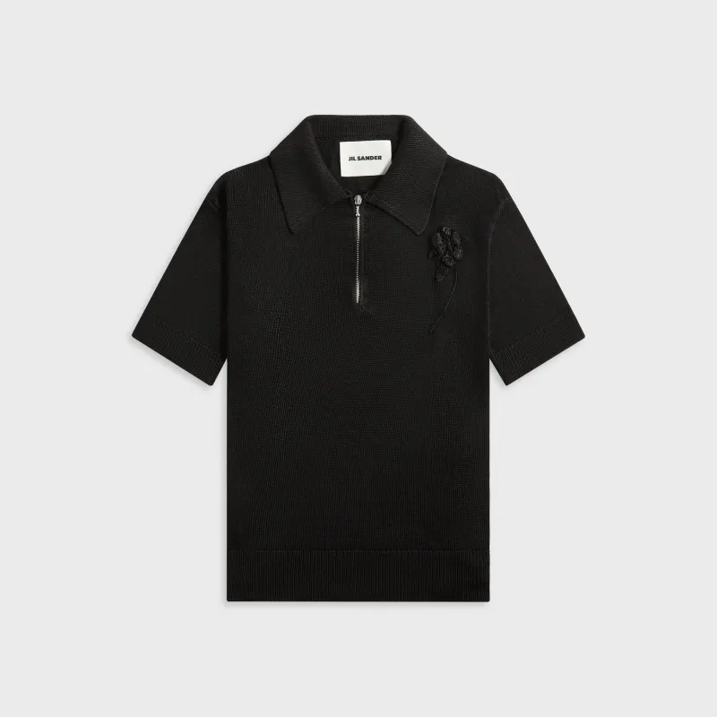 Jil Sander Knitted Polo Shirt With Crochet Flower - Black sold by Kith
