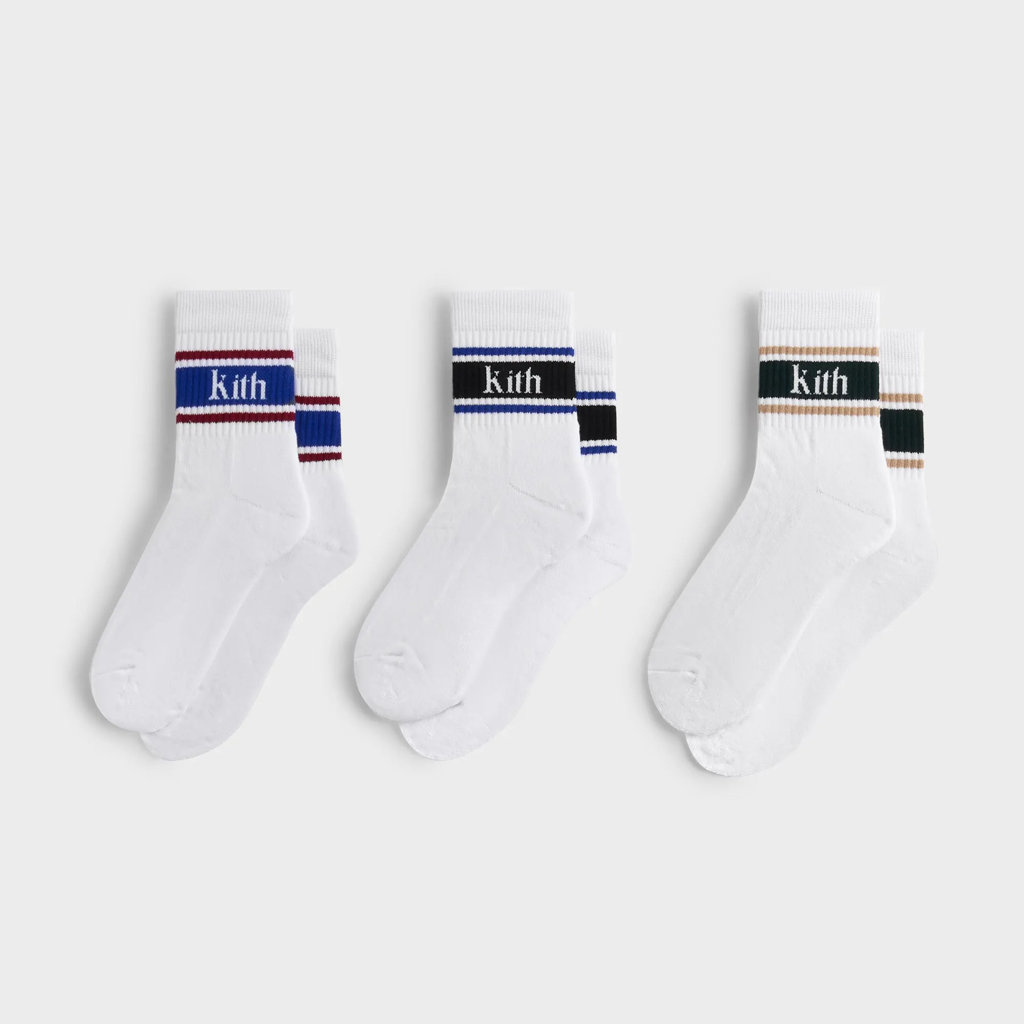 Kith 3-Pack Variegated Striped Mid Crew Socks - White sold by Kith