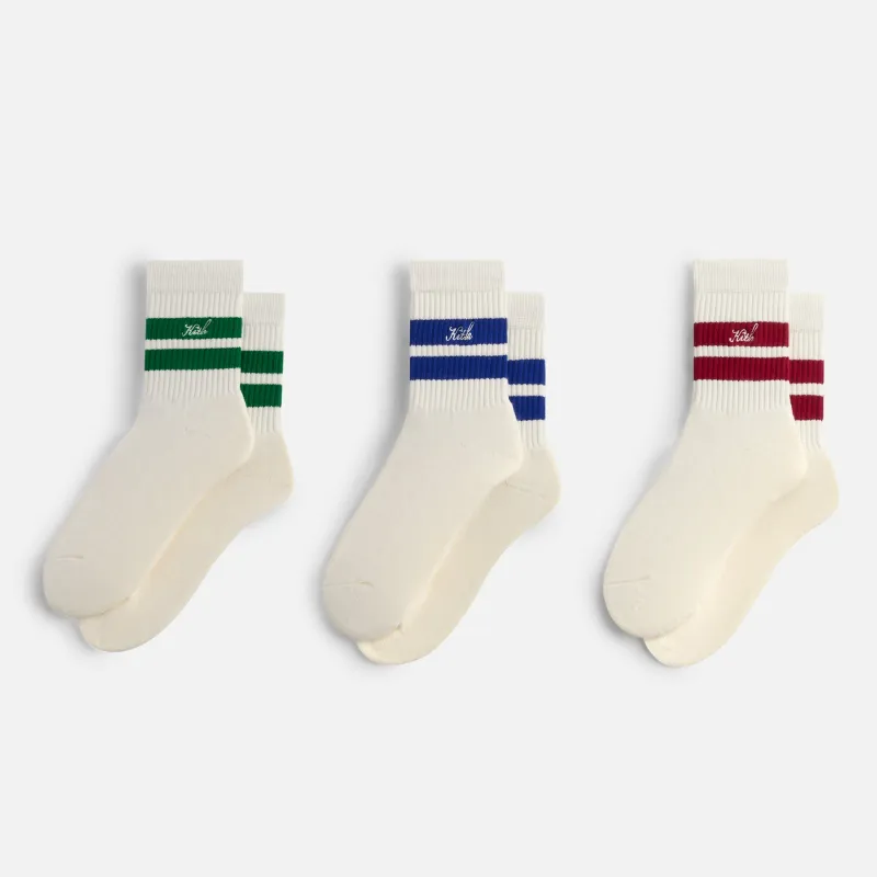 Kith 3-Pack Striped Mid Crew Socks - White sold by Kith