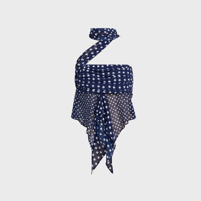 GUIZIO Chiffon Wrap Around Top - Navy Polka Dot sold by Kith