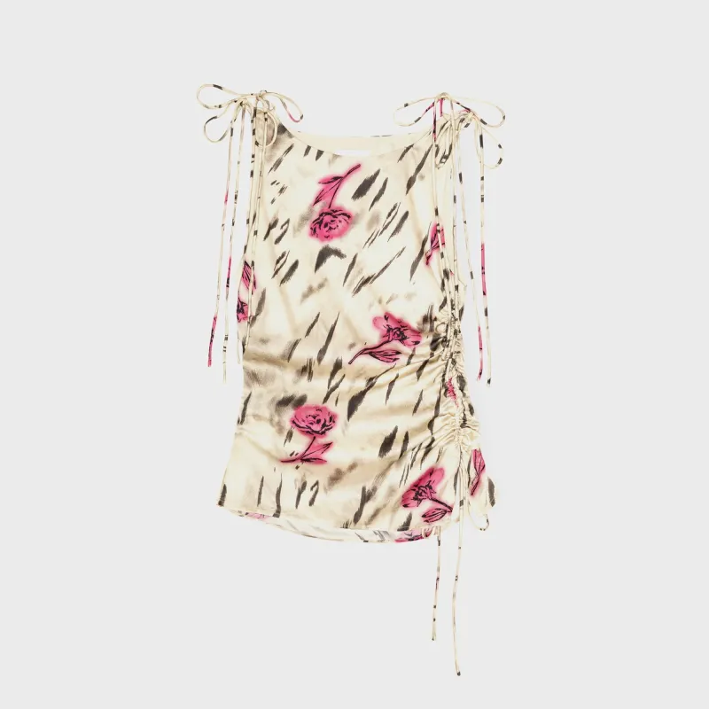 Ganni Printed Stretch Satin Gathered Top - Egret sold by Kith