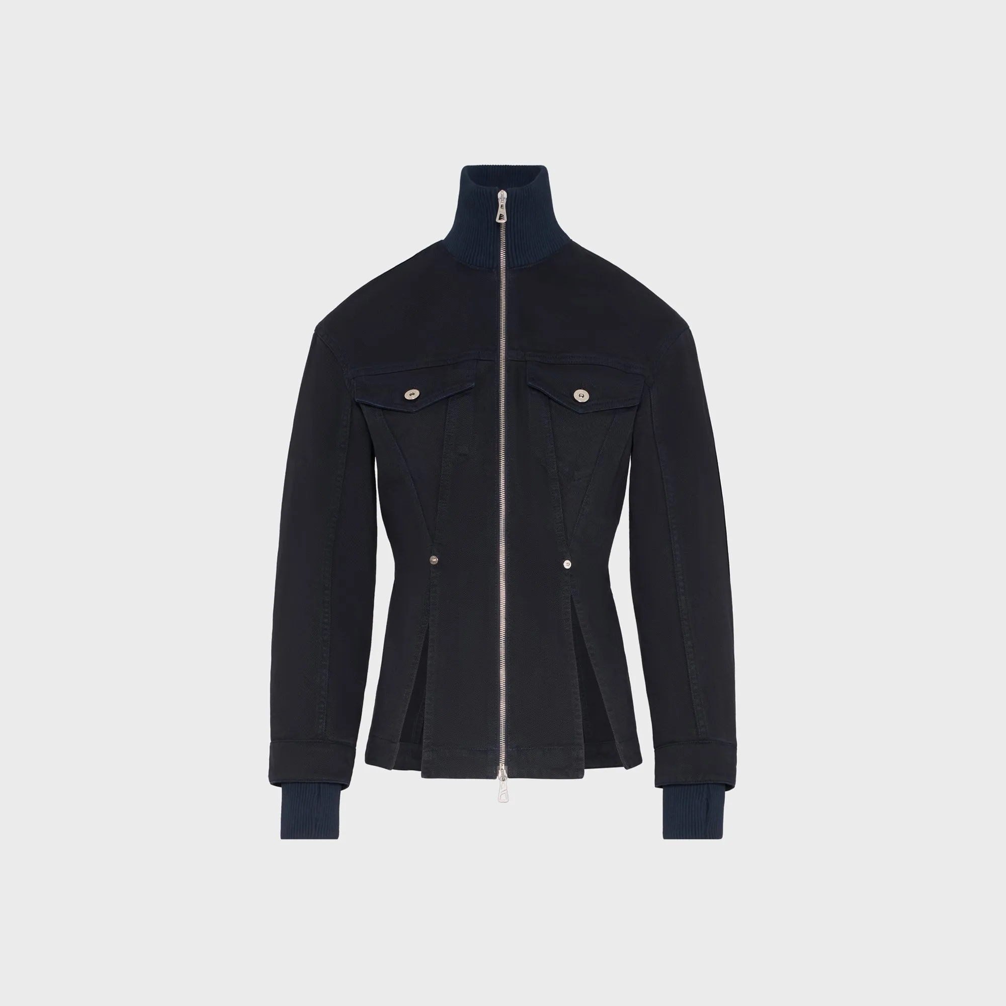 Jean Paul Gaultier Overdyed Fitted Denim Jacket with Ribbed Cuff and Collar - Navy sold by Kith
