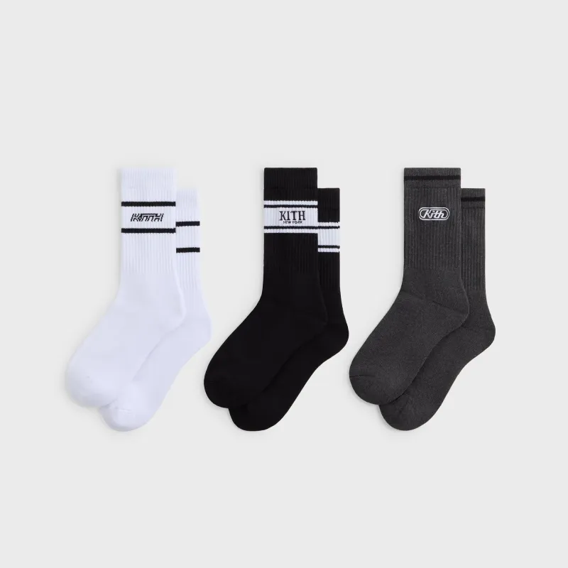 Kith 3-Pack Logo Crew Socks - White / Grey / Black sold by Kith