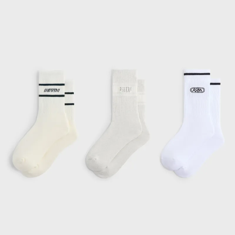 Kith 3-Pack Logo Crew Socks - White / Grey sold by Kith