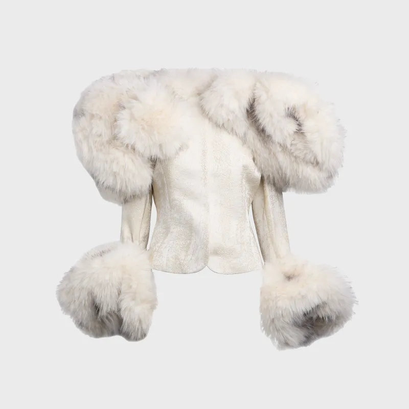Kim Shui Angelina Faux Fur Trim Brocade Jacket - White sold by Kith