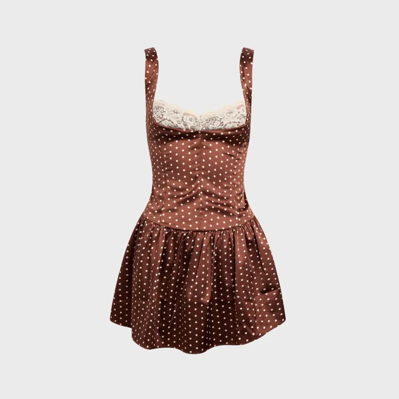 Frankies Bikinis Enchantment Sateen Mini Dress - Chocolate Dot sold by Kith
