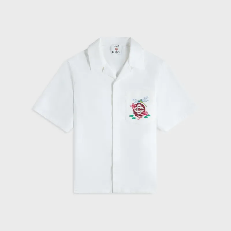 Casablanca Embroidered Monogram Short Sleeve Cuban Collar Shirt - White sold by Kith