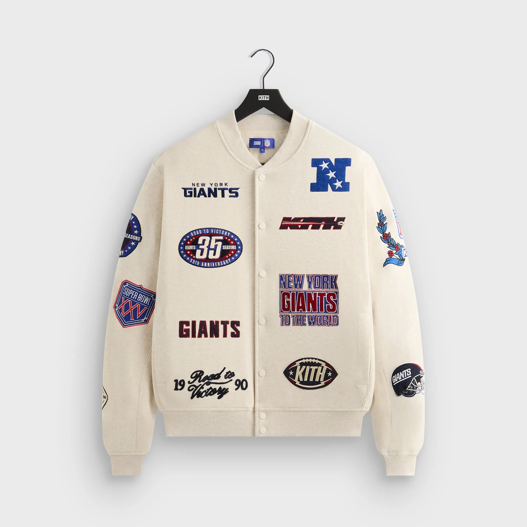 Kith for the NFL New York Giants Marvin Bomber Jacket - Sandrift sold by Kith