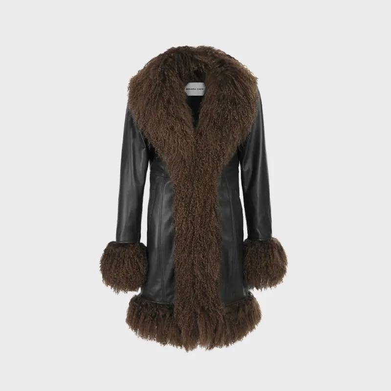 Susanna Chow Dorothy Midi Leather Coat - Black / Brown Trim sold by Kith