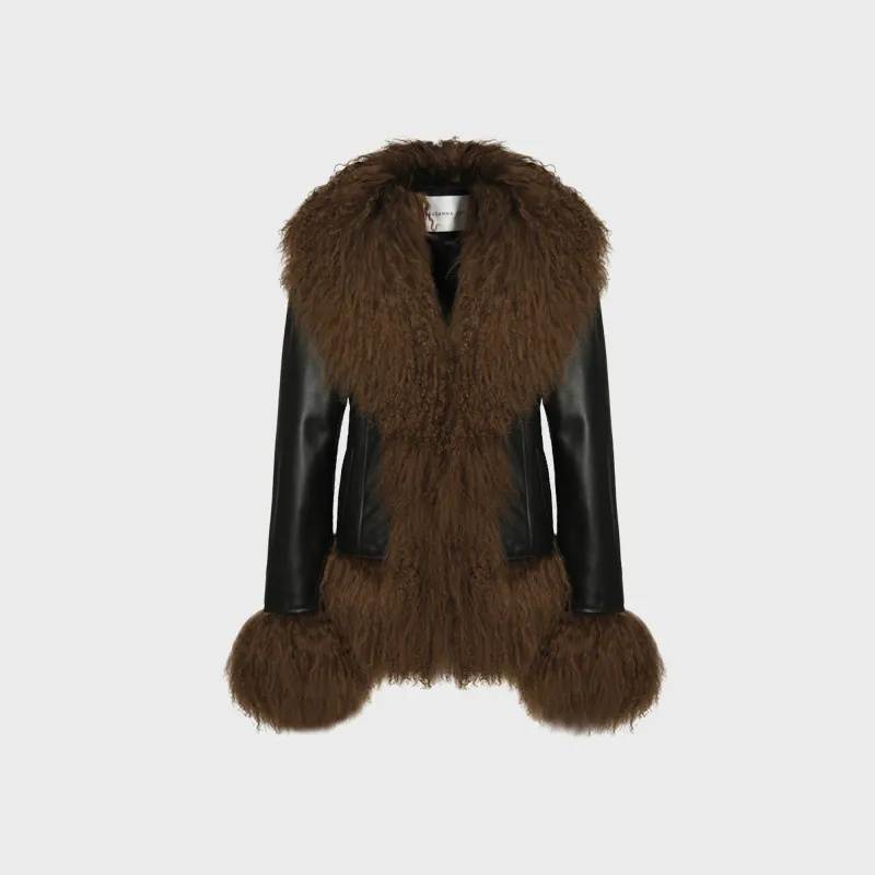 Susanna Chow Dorothy Leather Coat - Black / Brown Trim sold by Kith