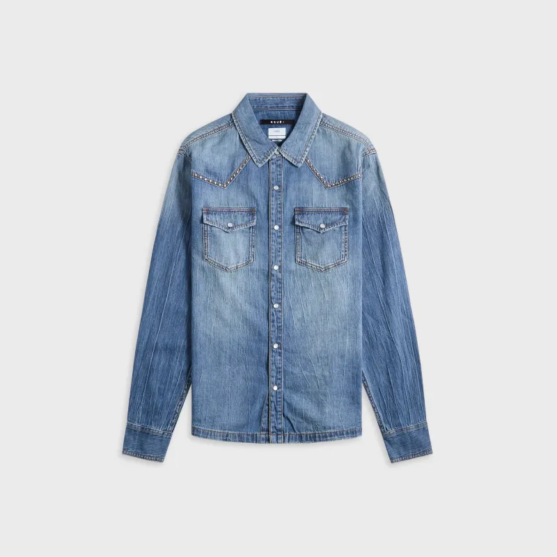 Ksubi Whiplash Long Sleeve Shirt Texas Blue Studded - Stone Washed Denim sold by Kith