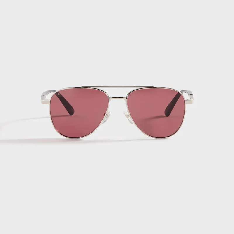 Gucci GG1962S Aviator Frame Sunglasses - Silver / Havana / Red sold by Kith