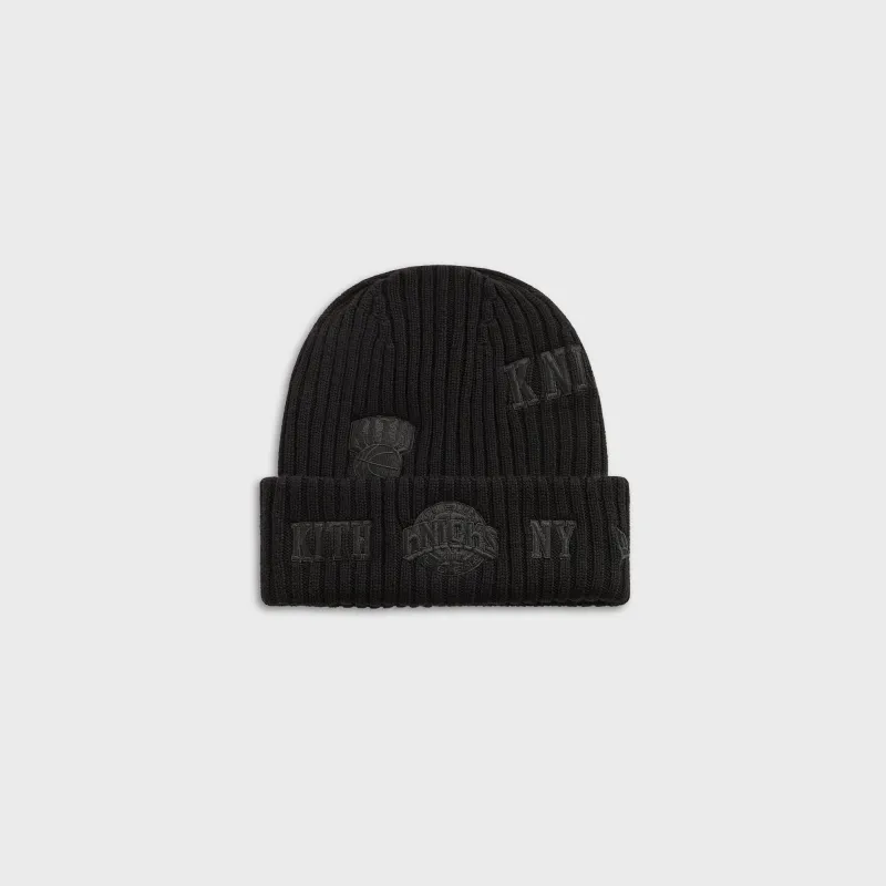 Kith & New Era for the New York Knicks All Over Patches Knit Beanie - Black sold by Kith