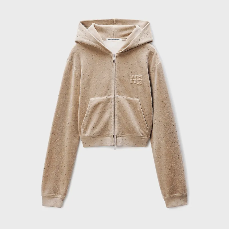 Alexander Wang Shrunken Zip Up Hotfix Hoodie - Taupe sold by Kith