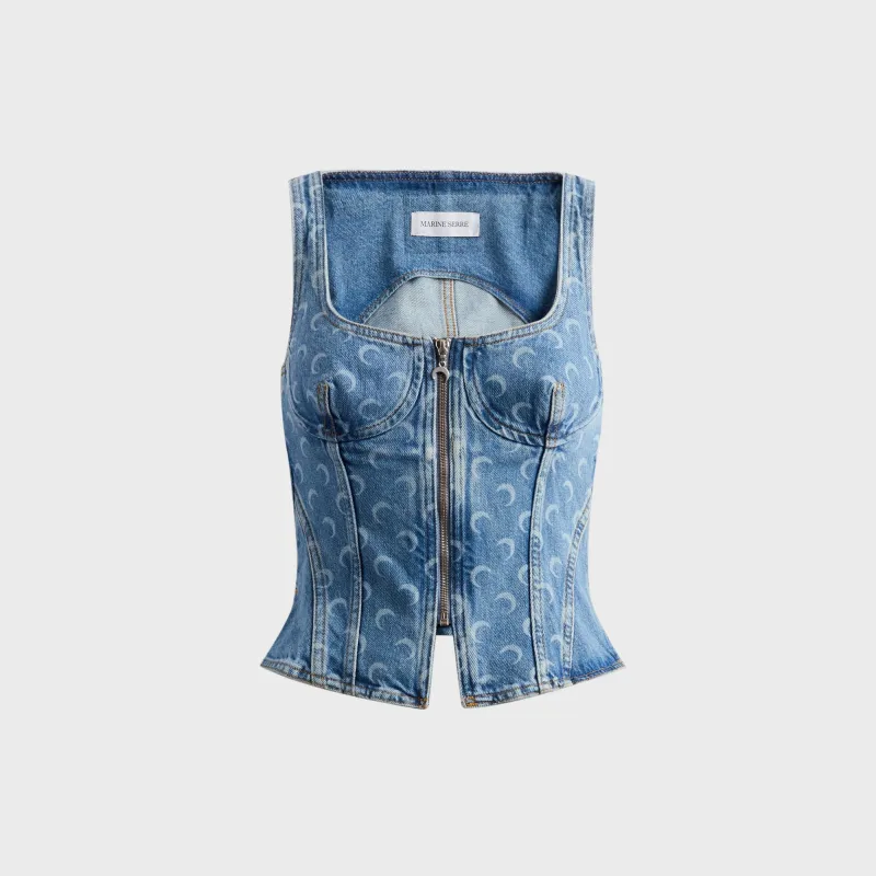 Marine Serre Moon Laser Wash Denim Bustier Top - Blue sold by Kith