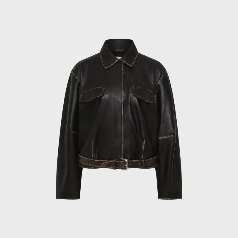 St.Agni Brushed Leather Belted Jacket - Black sold by Kith