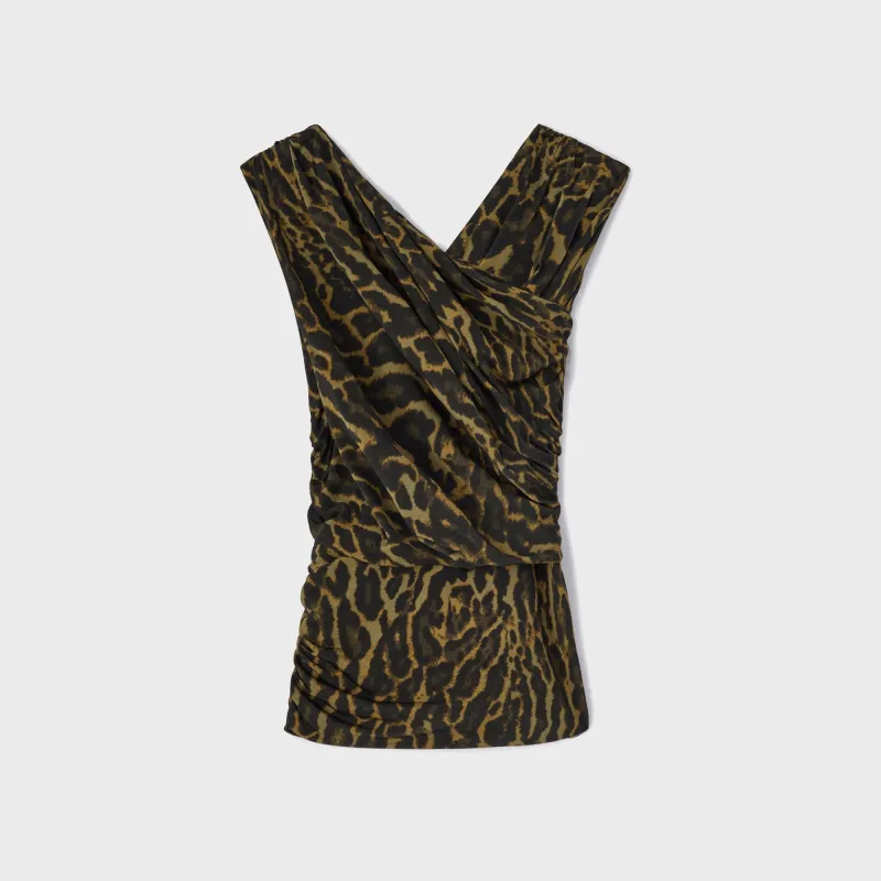Ganni Printed Shiny Jersey Sleeveless Ruched Blouse - Khaki sold by Kith