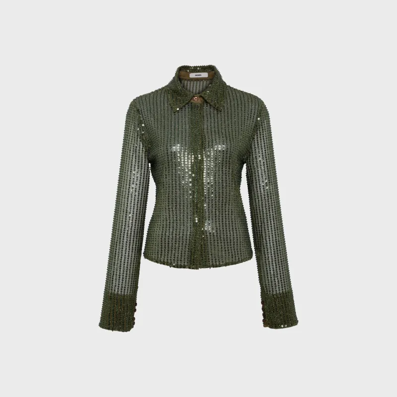 Siedres Sezanne Semi Sheer Sequin Button Down Shirt - Green made by Siedres