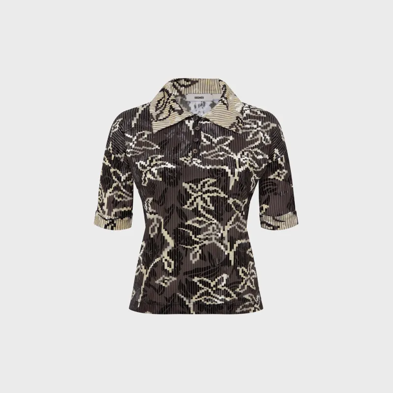 Siedres Lena Contrast Printed Velvet Short Sleeve Polo - Brown made by Siedres