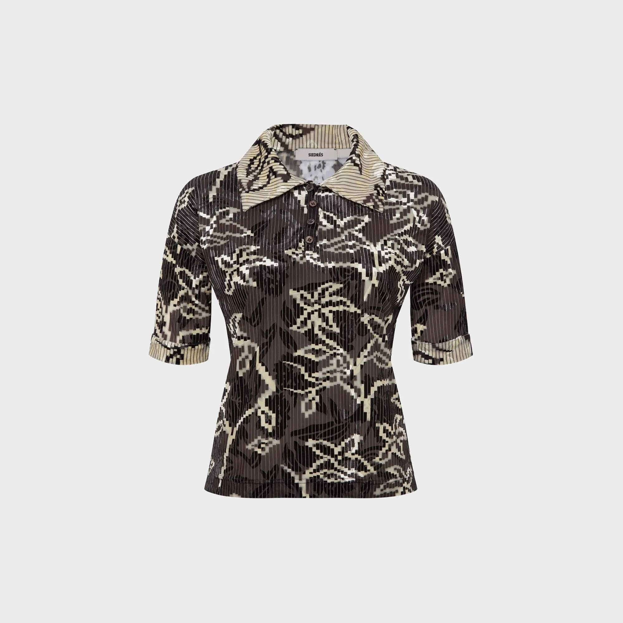 Siedres Lena Contrast Printed Velvet Short Sleeve Polo - Brown sold by Kith