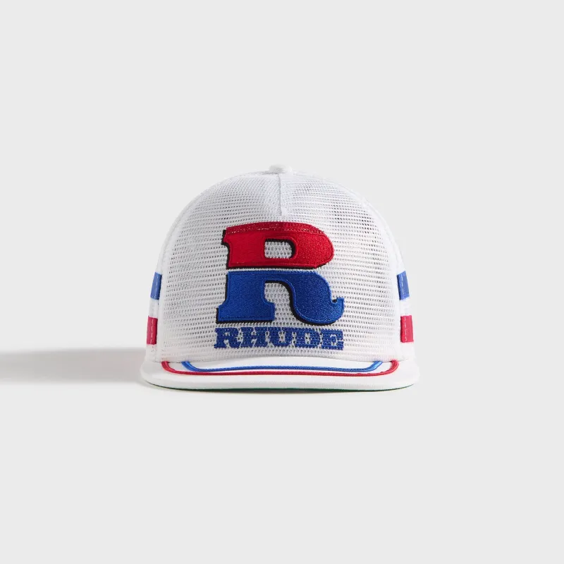 Rhude Split Petrol Logo Mesh Trucker Cap - White / Red / Blue sold by Kith