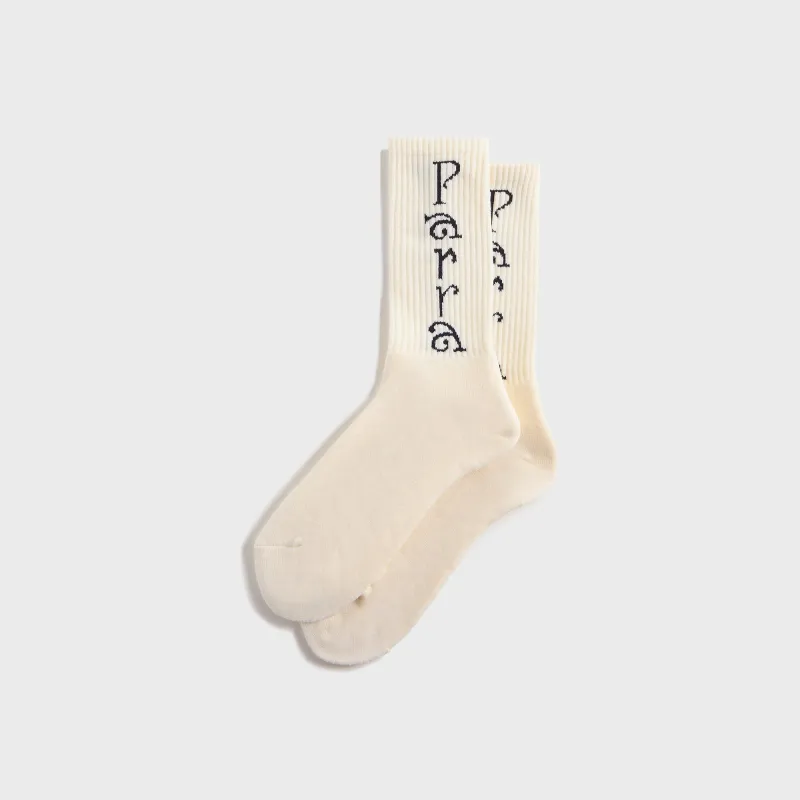 by Parra Weird Trad Logo Crew Socks - White sold by Kith