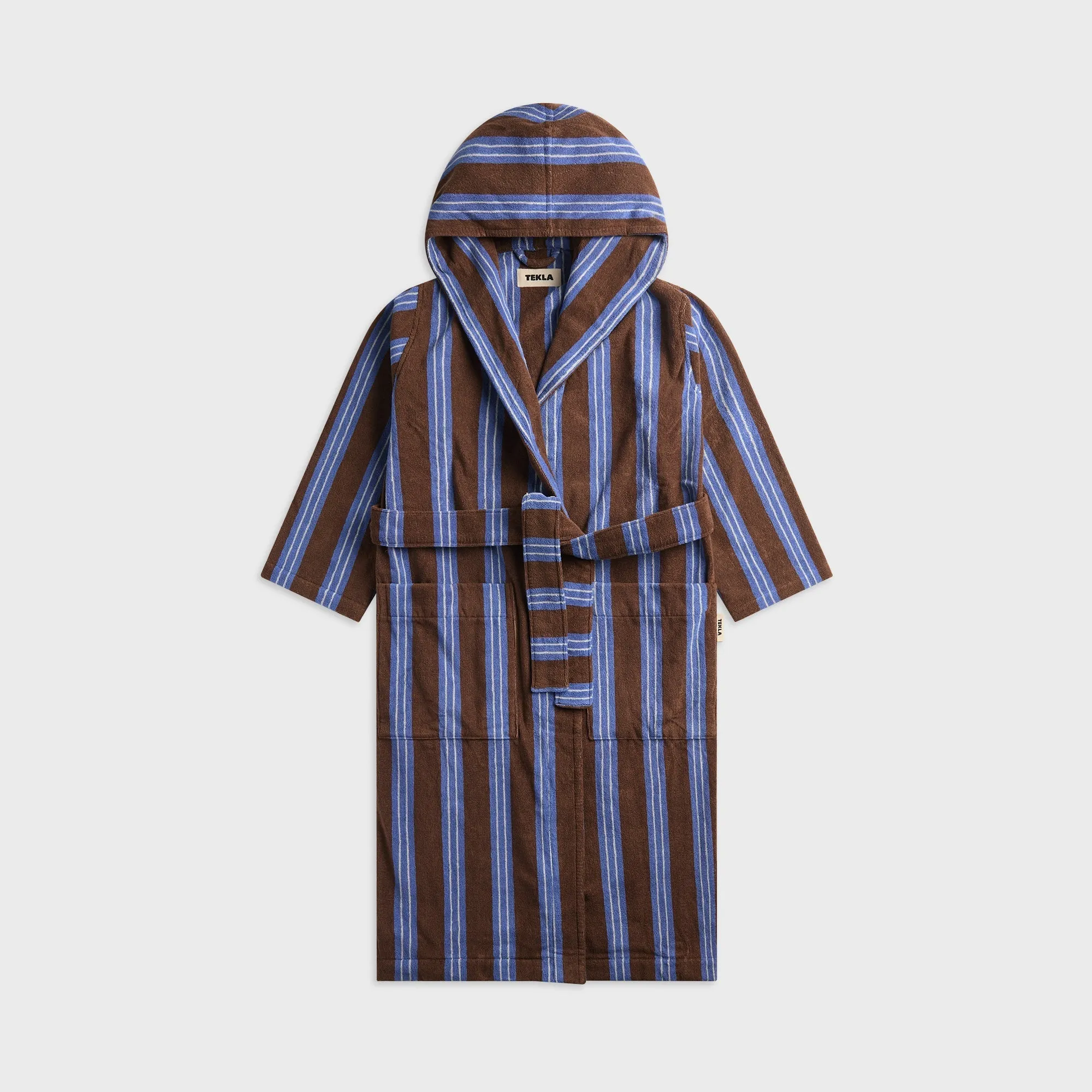 Tekla Striped Hooded Cotton Robe - Chestnut Stripes sold by Kith