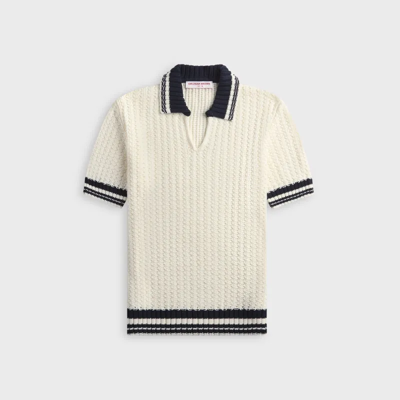 Orlebar Brown Swift Knitted Crochet Polo Shirt - White Sand / Night Iris sold by Kith
