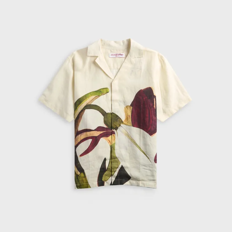 Orlebar Brown Maitan Linen Orchid-Print Camp Shirt - White Sand / Damson sold by Kith