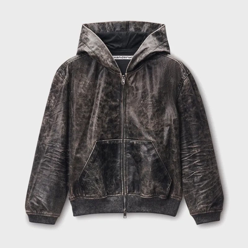 Alexander Wang Shrunken Leather Zip-Up Hoodie - Stone made by Alexander Wang