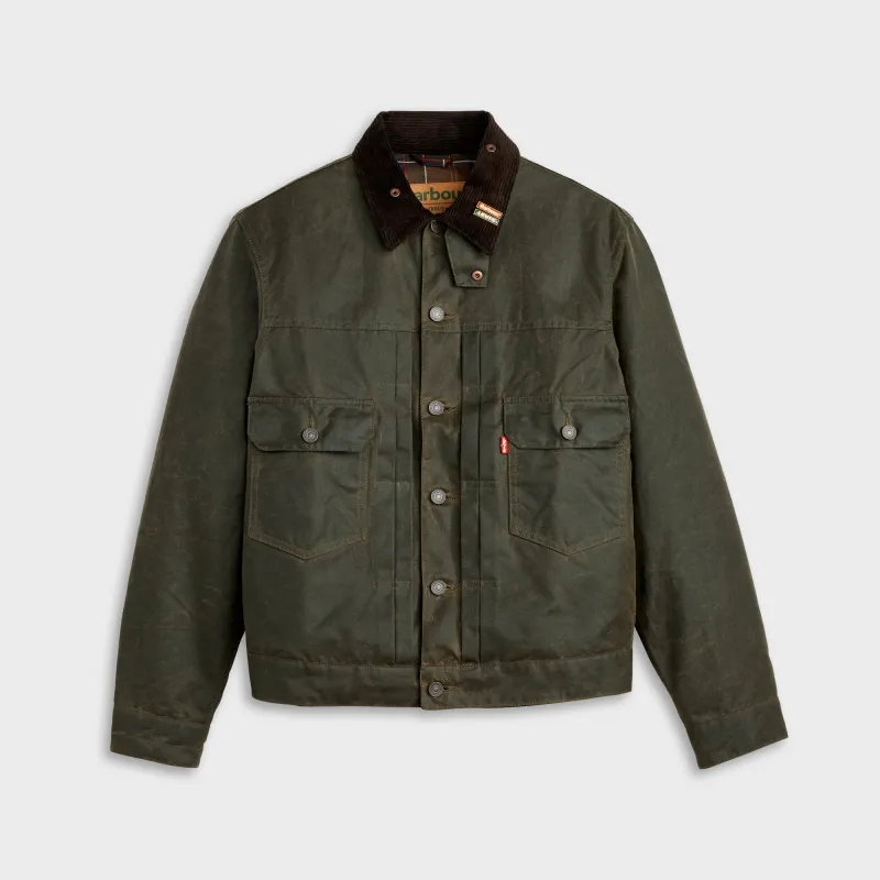 Levi's x Barbour Type II Waxed Trucker Jacket - Olive Wax / Green sold by Kith
