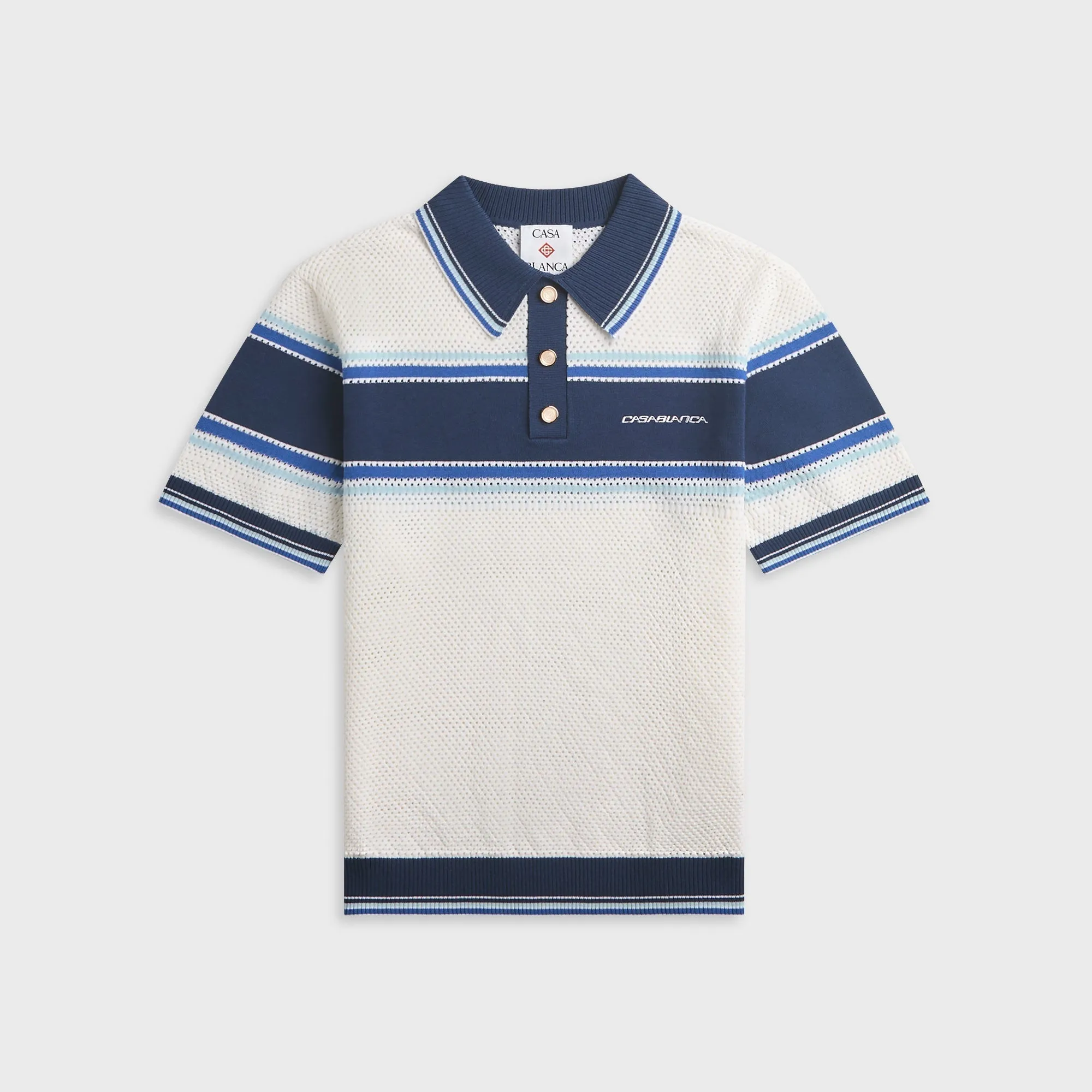 Casablanca Striped Mesh Short Sleeve Polo Shirt - White / Blue sold by Kith