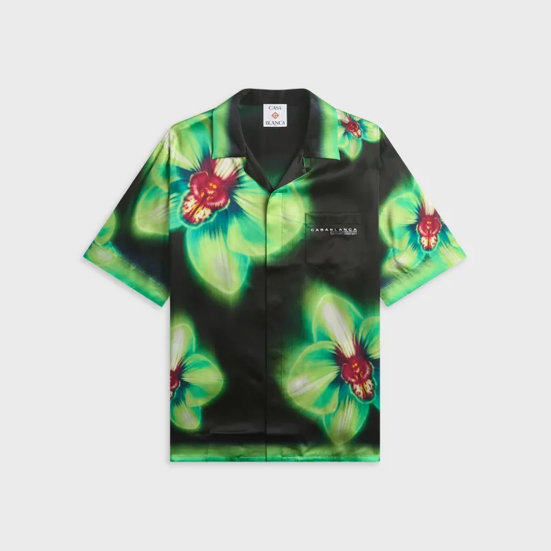 Casablanca Orchid Glitch Short Sleeve Silk Shirt - Black made by Casablanca